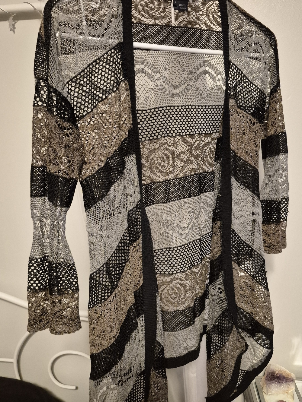 Sheer Lace Open-Front Cardigan - Black & Gold